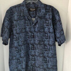 Favant-Mens Hawaiian Shirt Surfboard Palm Tree Pattern Blue Black 100% Cotton L